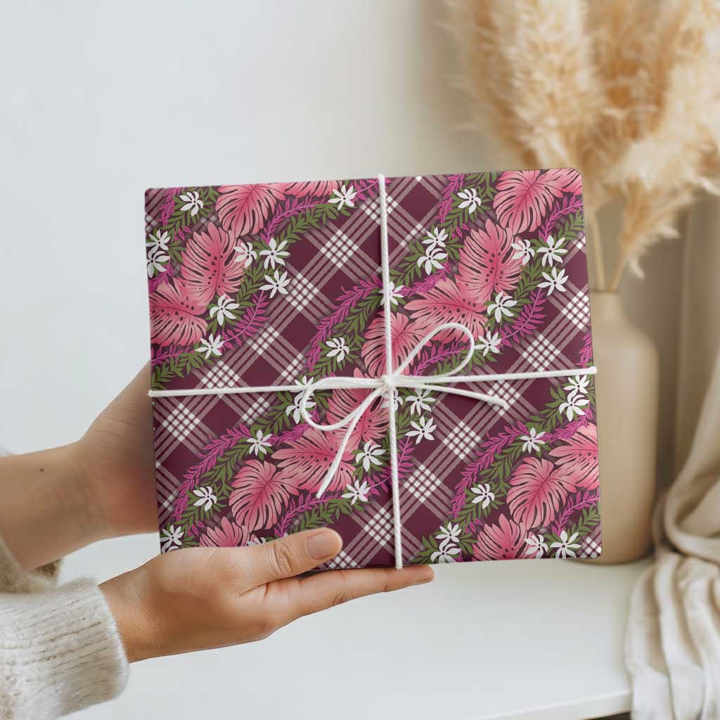 Polynesian Monstera Tiare Floral Wrapping Paper Fuchsia Tropical Plaid - Polynesian Pride