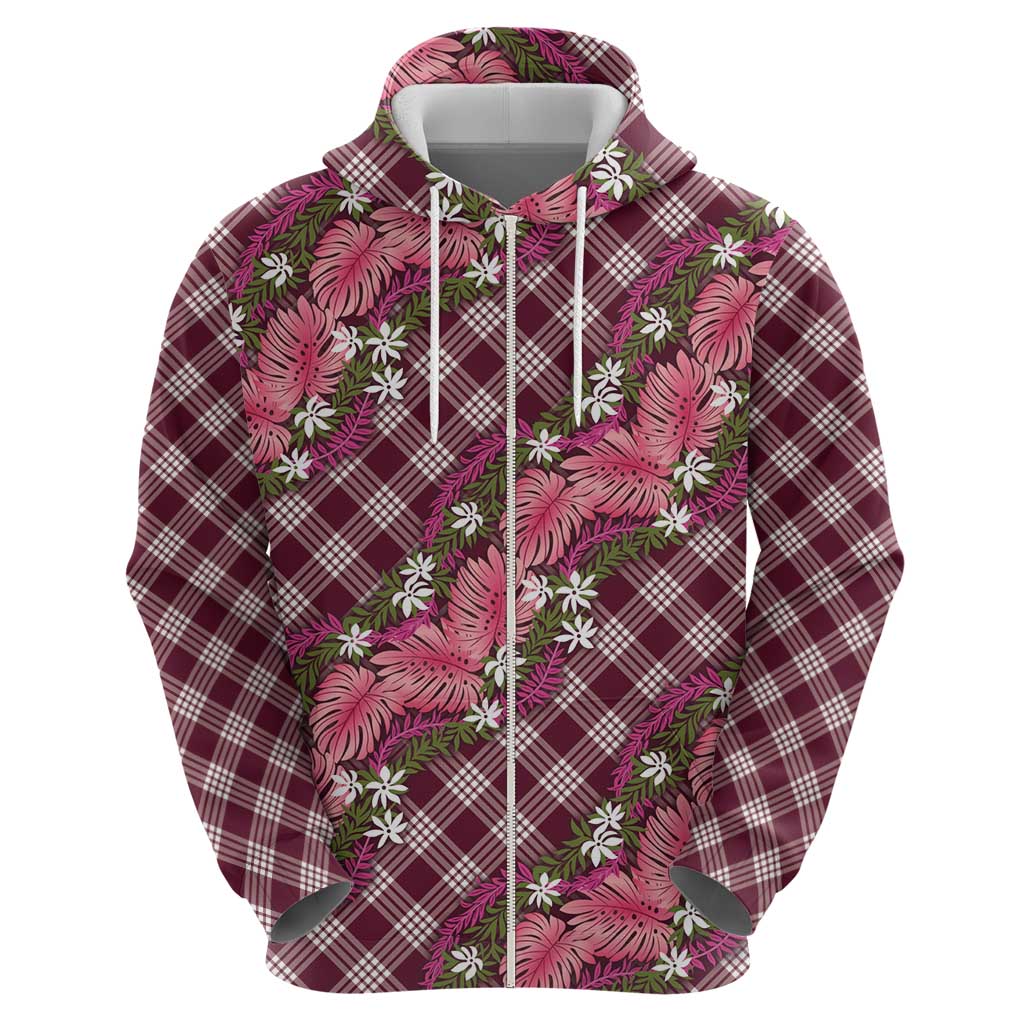Polynesian Monstera Tiare Floral Zip Hoodie Fuchsia Tropical Plaid - Polynesian Pride