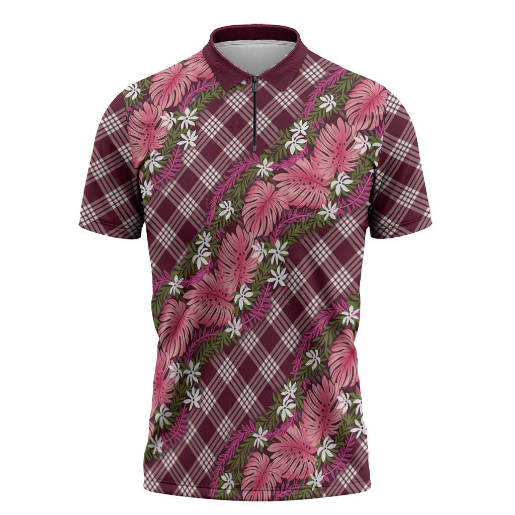 Polynesian Monstera Tiare Floral Zipper Polo Shirt Fuchsia Tropical Plaid - Polynesian Pride