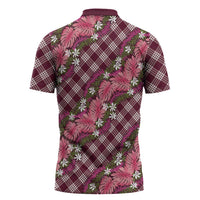 Polynesian Monstera Tiare Floral Zipper Polo Shirt Fuchsia Tropical Plaid - Polynesian Pride