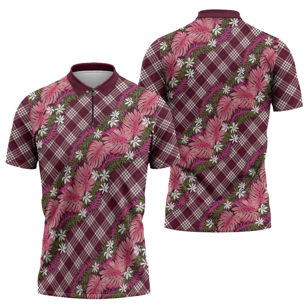 Polynesian Monstera Tiare Floral Zipper Polo Shirt Fuchsia Tropical Plaid - Polynesian Pride