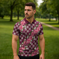 Polynesian Monstera Tiare Floral Zipper Polo Shirt Fuchsia Tropical Plaid - Polynesian Pride