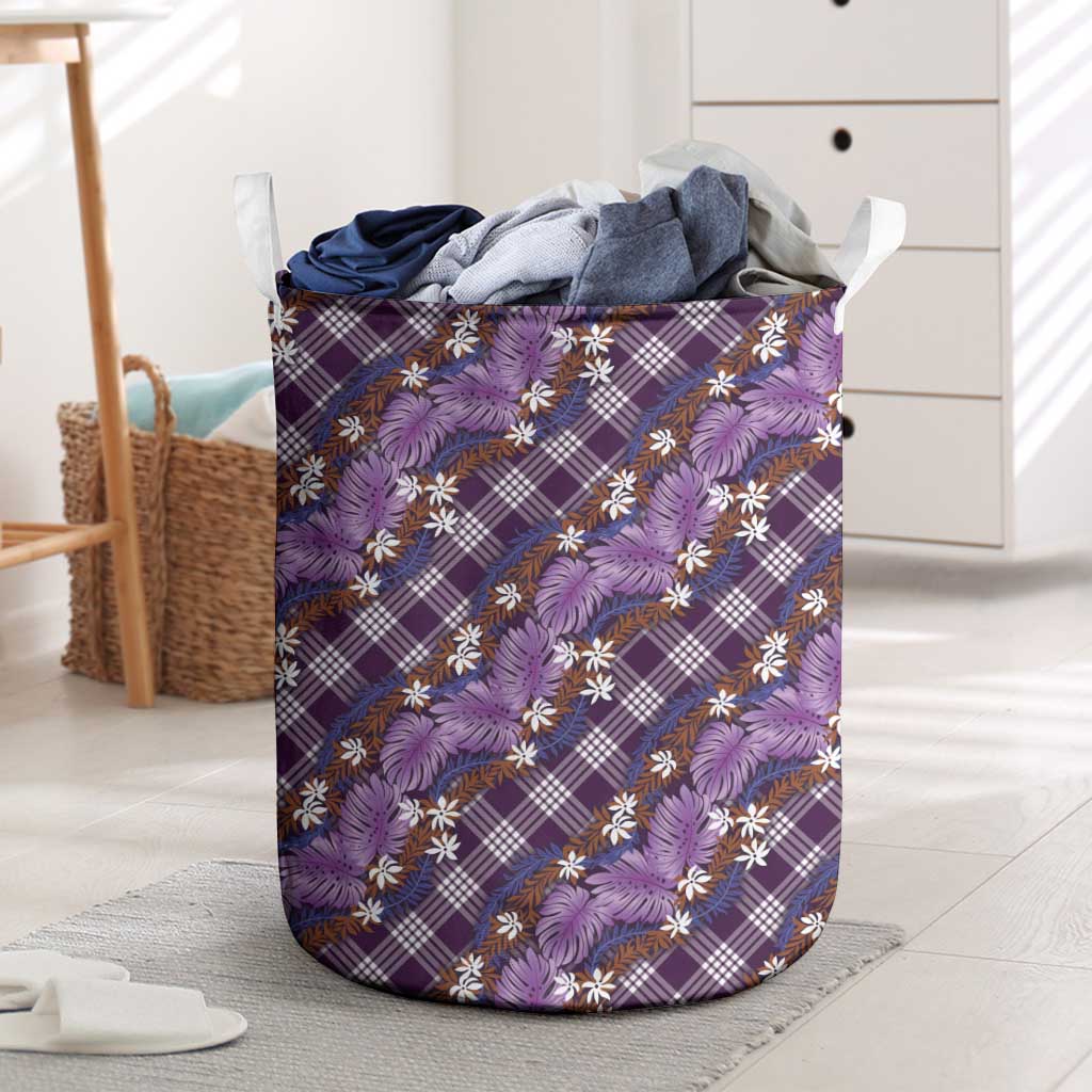 Polynesian Monstera Tiare Floral Laundry Basket Lavender Tropical Plaid - Polynesian Pride