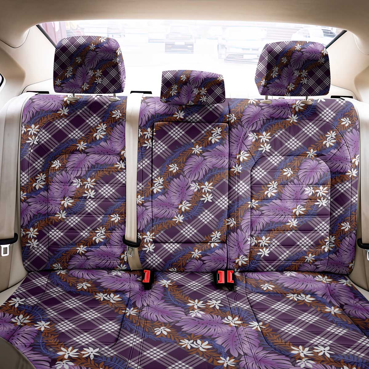 Polynesian Monstera Tiare Floral Back Car Seat Cover Lavender Tropical Plaid - Polynesian Pride