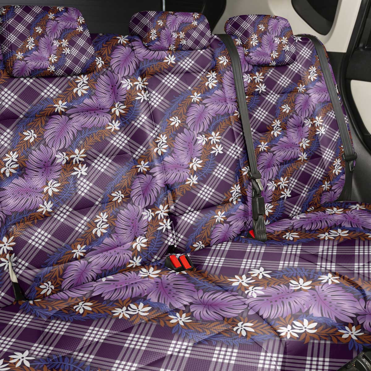 Polynesian Monstera Tiare Floral Back Car Seat Cover Lavender Tropical Plaid - Polynesian Pride
