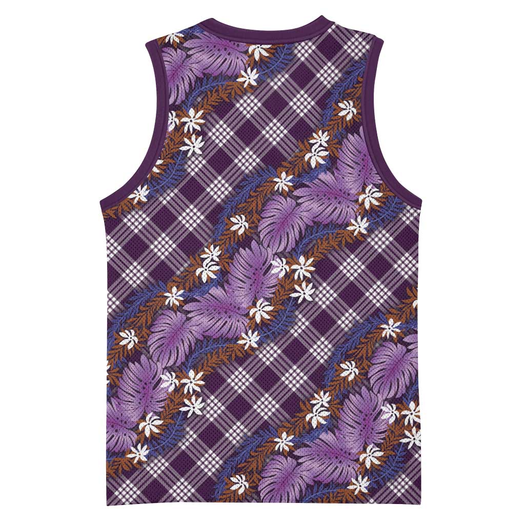 Polynesian Monstera Tiare Floral Basketball Jersey Lavender Tropical Plaid - Polynesian Pride