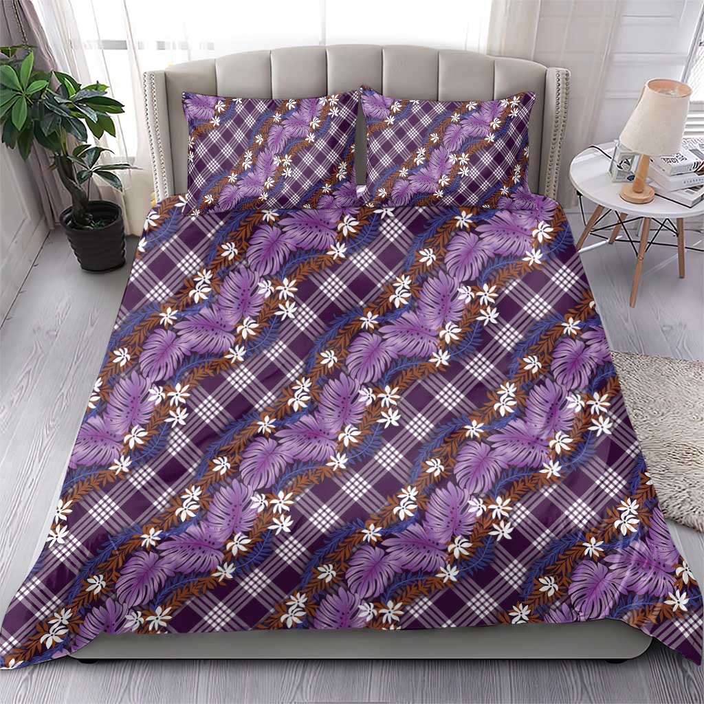 Polynesian Monstera Tiare Floral Bedding Set Lavender Tropical Plaid - Polynesian Pride