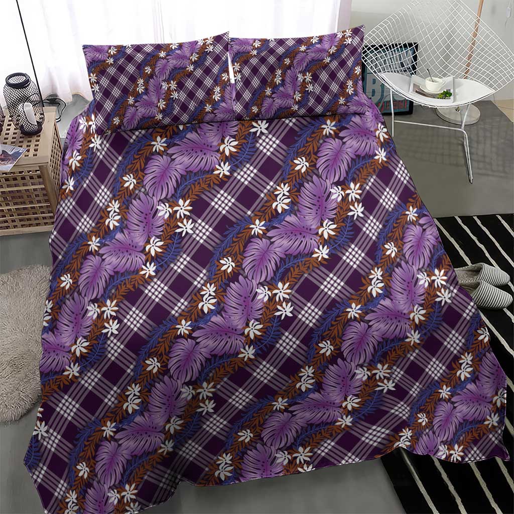 Polynesian Monstera Tiare Floral Bedding Set Lavender Tropical Plaid - Polynesian Pride