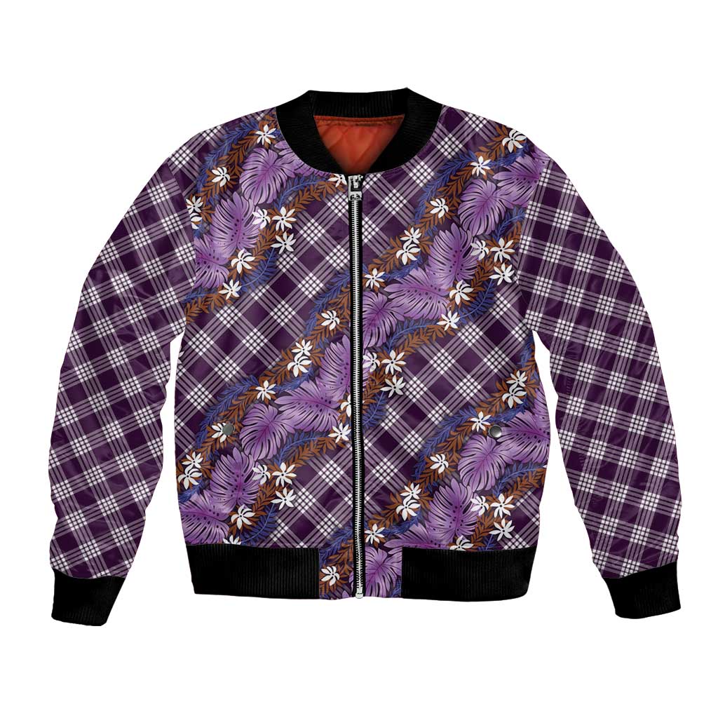 Polynesian Monstera Tiare Floral Bomber Jacket Lavender Tropical Plaid - Polynesian Pride