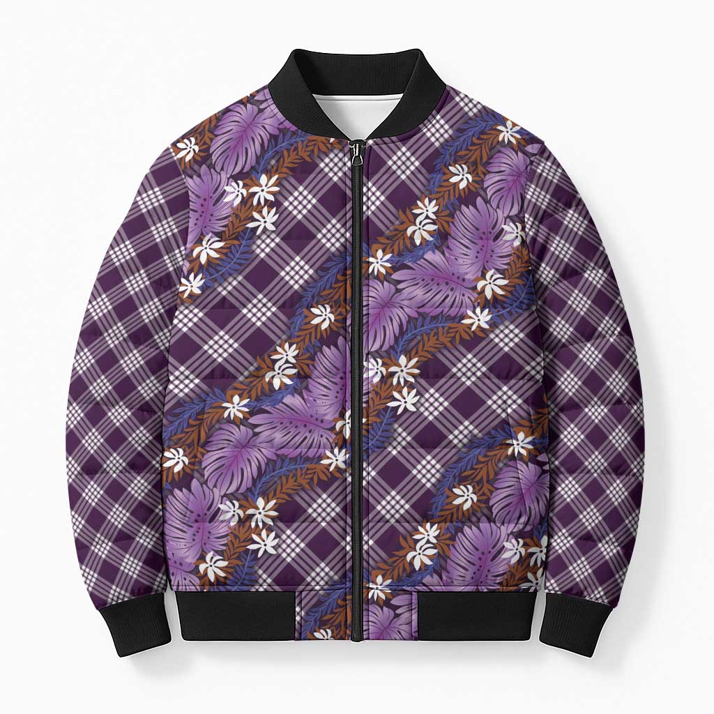 Polynesian Monstera Tiare Floral Bomber Puffer Jacket Lavender Tropical Plaid - Polynesian Pride