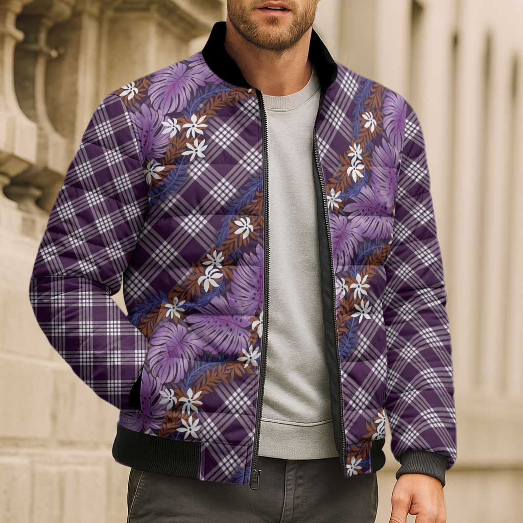 Polynesian Monstera Tiare Floral Bomber Puffer Jacket Lavender Tropical Plaid - Polynesian Pride