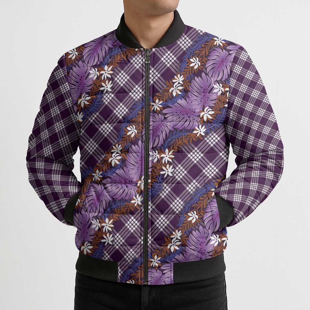 Polynesian Monstera Tiare Floral Bomber Puffer Jacket Lavender Tropical Plaid - Polynesian Pride