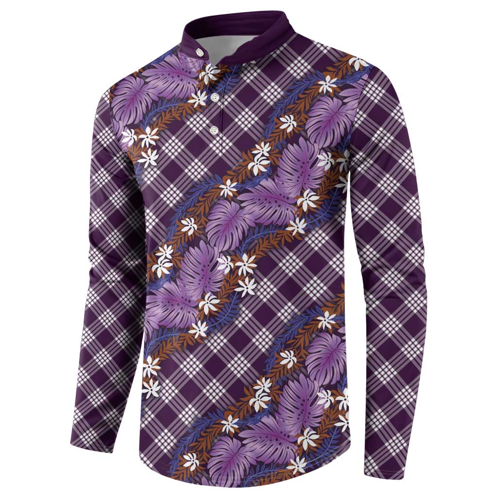 Polynesian Monstera Tiare Floral Button Sweatshirt Lavender Tropical Plaid - Polynesian Pride