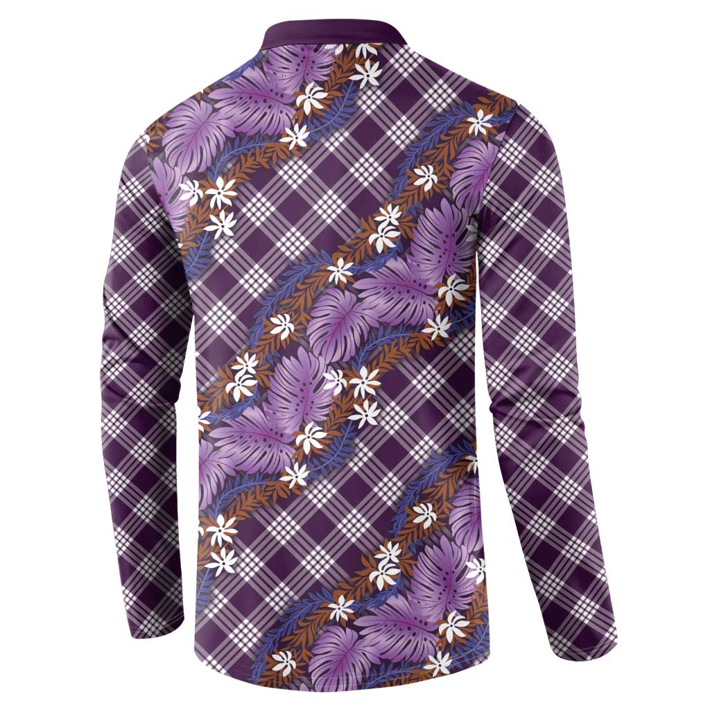 Polynesian Monstera Tiare Floral Button Sweatshirt Lavender Tropical Plaid - Polynesian Pride