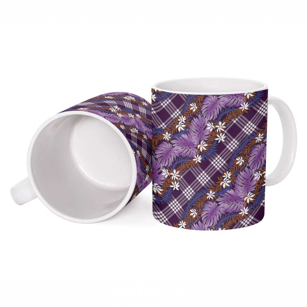 Polynesian Monstera Tiare Floral Ceramic Mug Lavender Tropical Plaid - Polynesian Pride