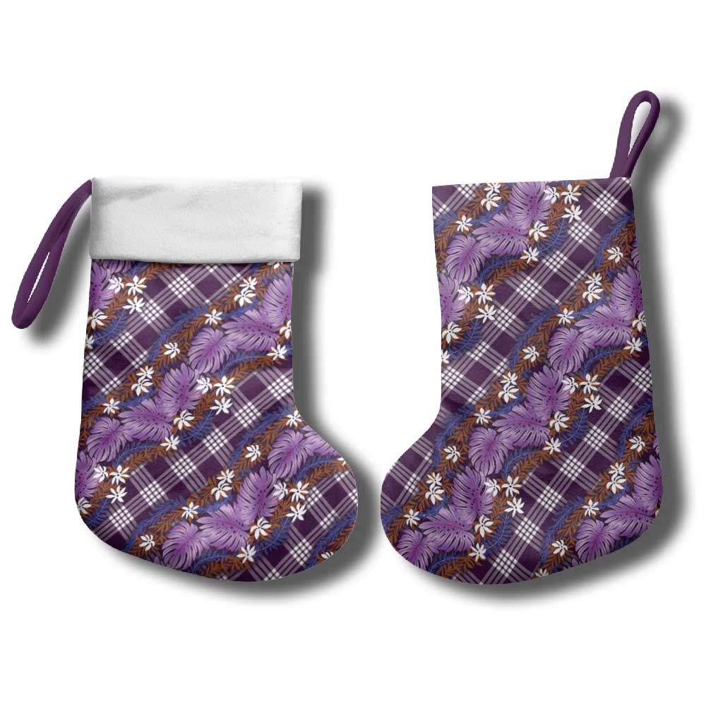 Polynesian Monstera Tiare Floral Christmas Stocking Lavender Tropical Plaid - Polynesian Pride