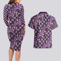 Polynesian Monstera Tiare Floral Couples Matching Long Sleeve Bodycon Dress and Hawaiian Shirt Lavender Tropical Plaid - Polynesian Pride