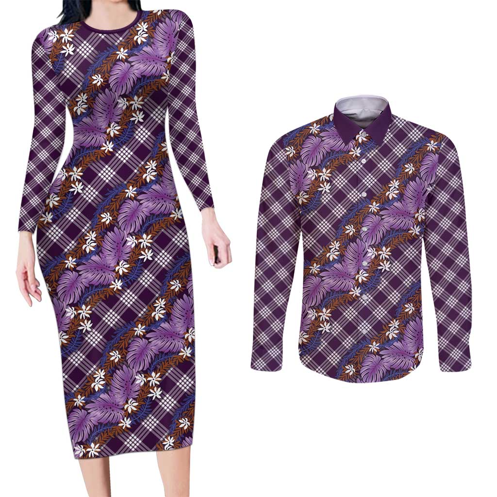 Polynesian Monstera Tiare Floral Couples Matching Long Sleeve Bodycon Dress and Long Sleeve Button Shirt Lavender Tropical Plaid - Polynesian Pride