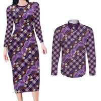 Polynesian Monstera Tiare Floral Couples Matching Long Sleeve Bodycon Dress and Long Sleeve Button Shirt Lavender Tropical Plaid - Polynesian Pride