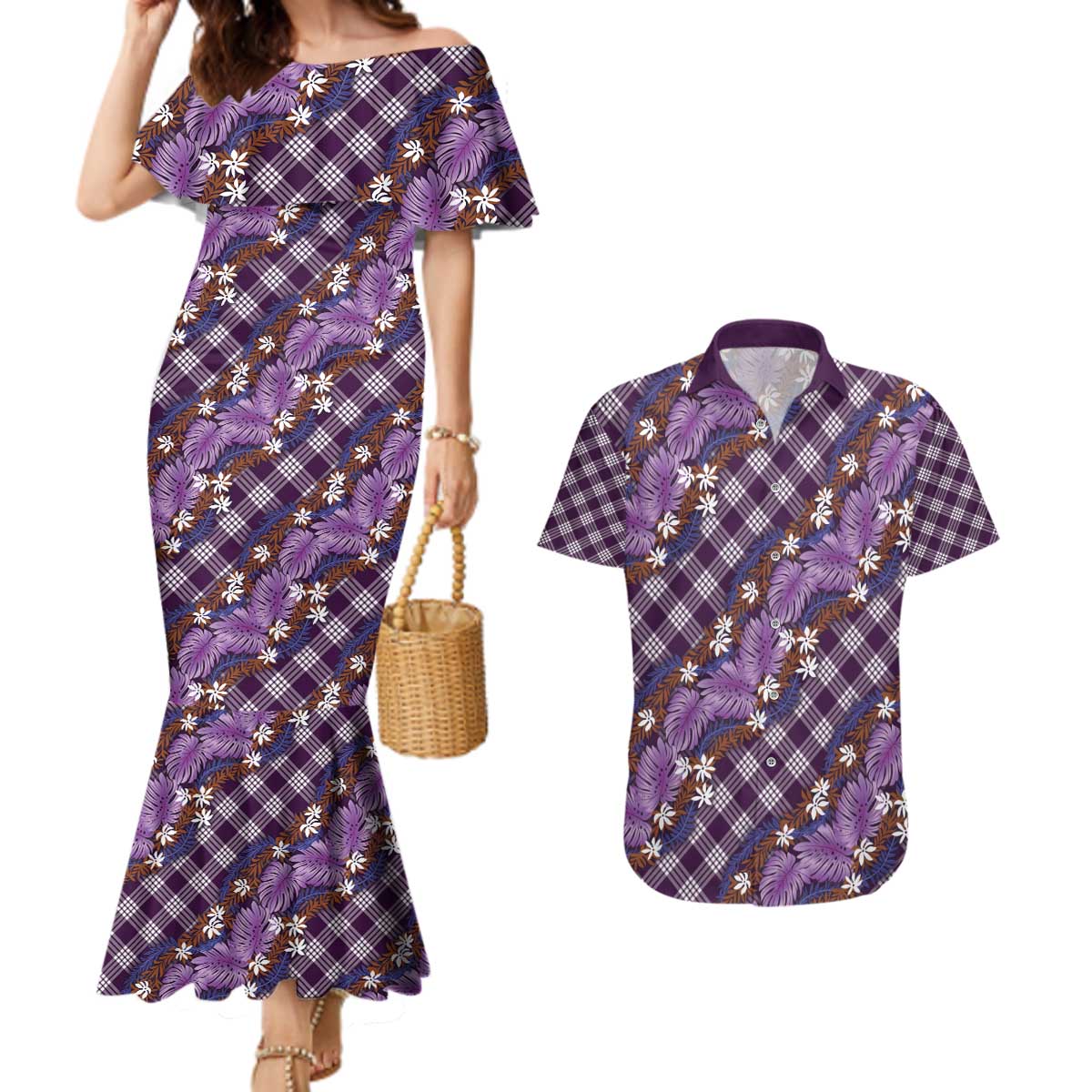 Polynesian Monstera Tiare Floral Couples Matching Mermaid Dress and Hawaiian Shirt Lavender Tropical Plaid - Polynesian Pride