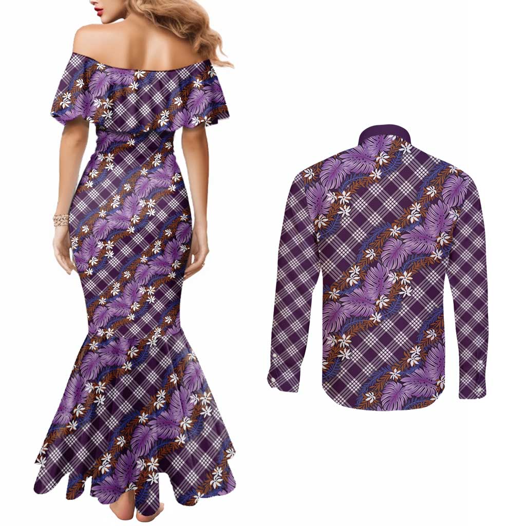 Polynesian Monstera Tiare Floral Couples Matching Mermaid Dress and Long Sleeve Button Shirt Lavender Tropical Plaid - Polynesian Pride