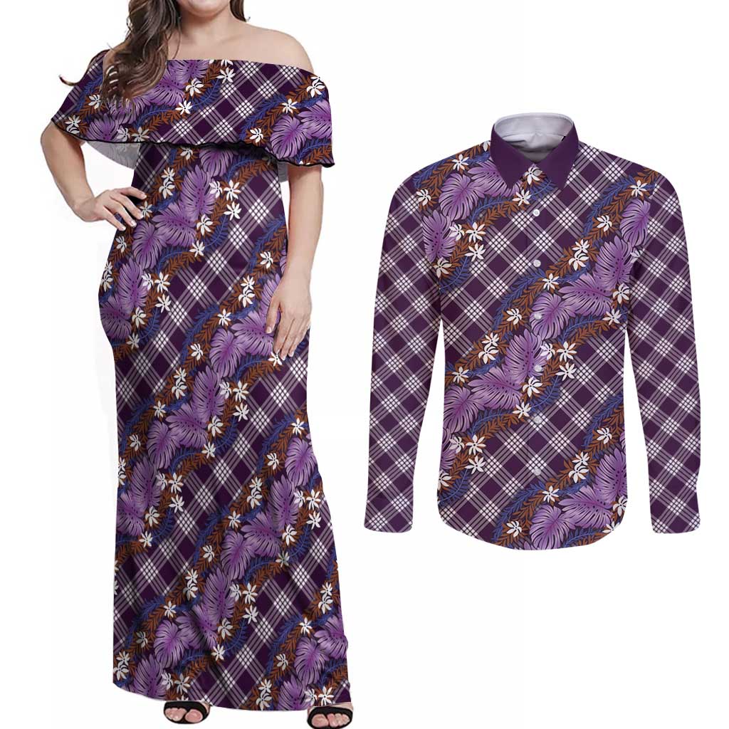 Polynesian Monstera Tiare Floral Couples Matching Off Shoulder Maxi Dress and Long Sleeve Button Shirt Lavender Tropical Plaid - Polynesian Pride