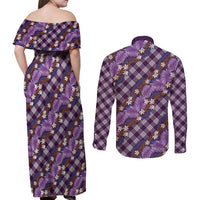 Polynesian Monstera Tiare Floral Couples Matching Off Shoulder Maxi Dress and Long Sleeve Button Shirt Lavender Tropical Plaid - Polynesian Pride