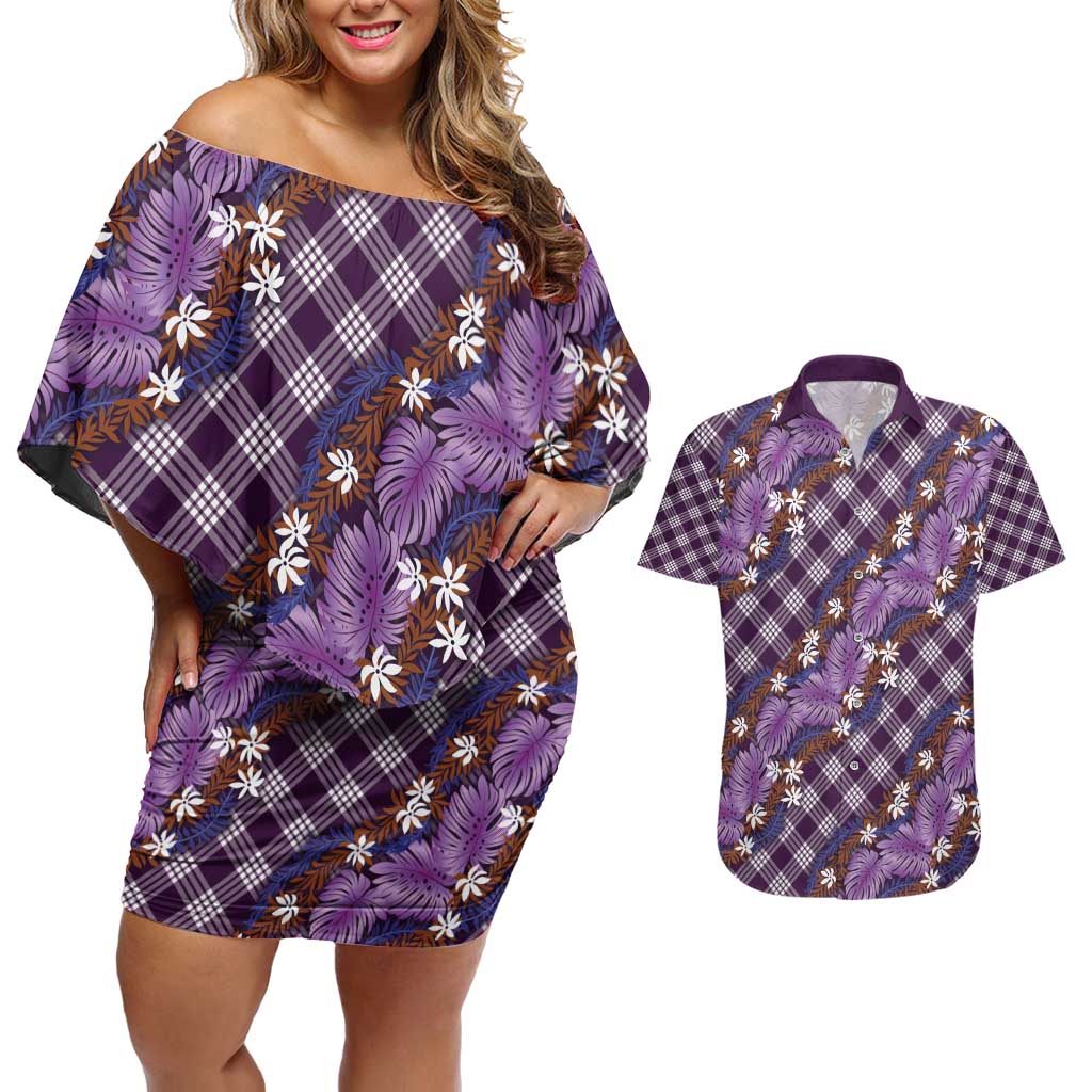 Polynesian Monstera Tiare Floral Couples Matching Off Shoulder Short Dress and Hawaiian Shirt Lavender Tropical Plaid - Polynesian Pride