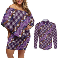 Polynesian Monstera Tiare Floral Couples Matching Off Shoulder Short Dress and Long Sleeve Button Shirt Lavender Tropical Plaid - Polynesian Pride