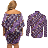Polynesian Monstera Tiare Floral Couples Matching Off Shoulder Short Dress and Long Sleeve Button Shirt Lavender Tropical Plaid - Polynesian Pride