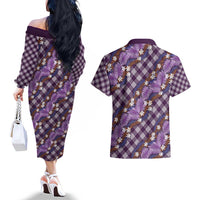Polynesian Monstera Tiare Floral Couples Matching Off The Shoulder Long Sleeve Dress and Hawaiian Shirt Lavender Tropical Plaid - Polynesian Pride