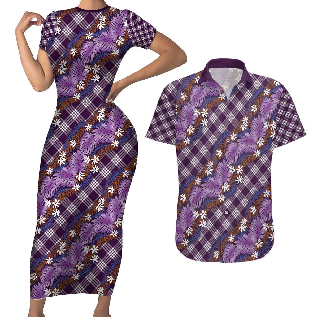 Polynesian Monstera Tiare Floral Couples Matching Short Sleeve Bodycon Dress and Hawaiian Shirt Lavender Tropical Plaid - Polynesian Pride