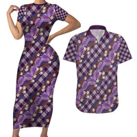 Polynesian Monstera Tiare Floral Couples Matching Short Sleeve Bodycon Dress and Hawaiian Shirt Lavender Tropical Plaid - Polynesian Pride