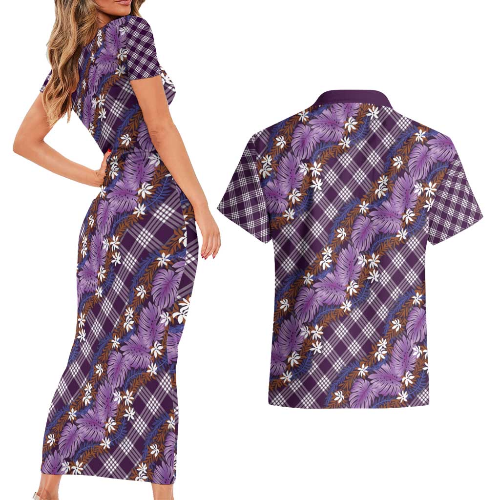 Polynesian Monstera Tiare Floral Couples Matching Short Sleeve Bodycon Dress and Hawaiian Shirt Lavender Tropical Plaid - Polynesian Pride