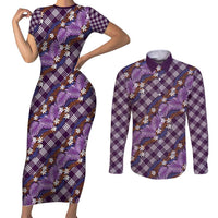 Polynesian Monstera Tiare Floral Couples Matching Short Sleeve Bodycon Dress and Long Sleeve Button Shirt Lavender Tropical Plaid - Polynesian Pride