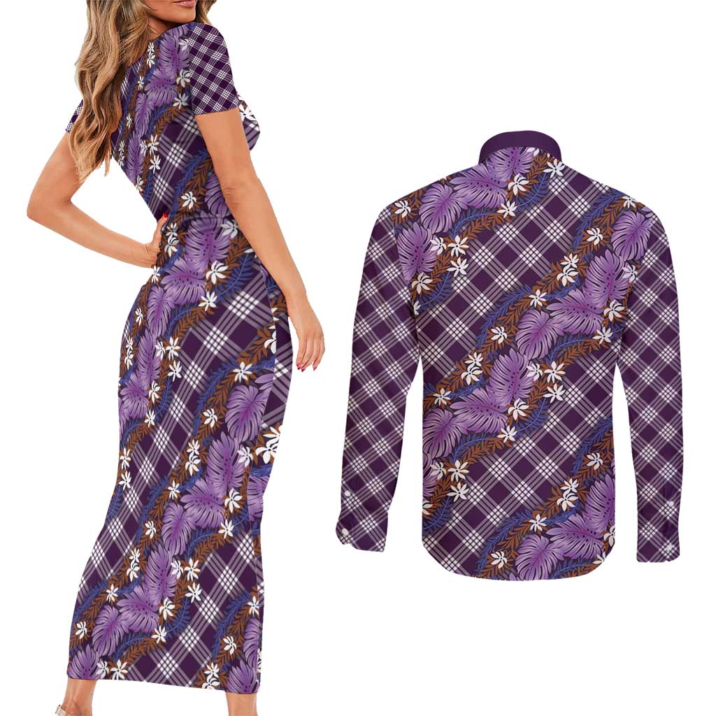 Polynesian Monstera Tiare Floral Couples Matching Short Sleeve Bodycon Dress and Long Sleeve Button Shirt Lavender Tropical Plaid - Polynesian Pride