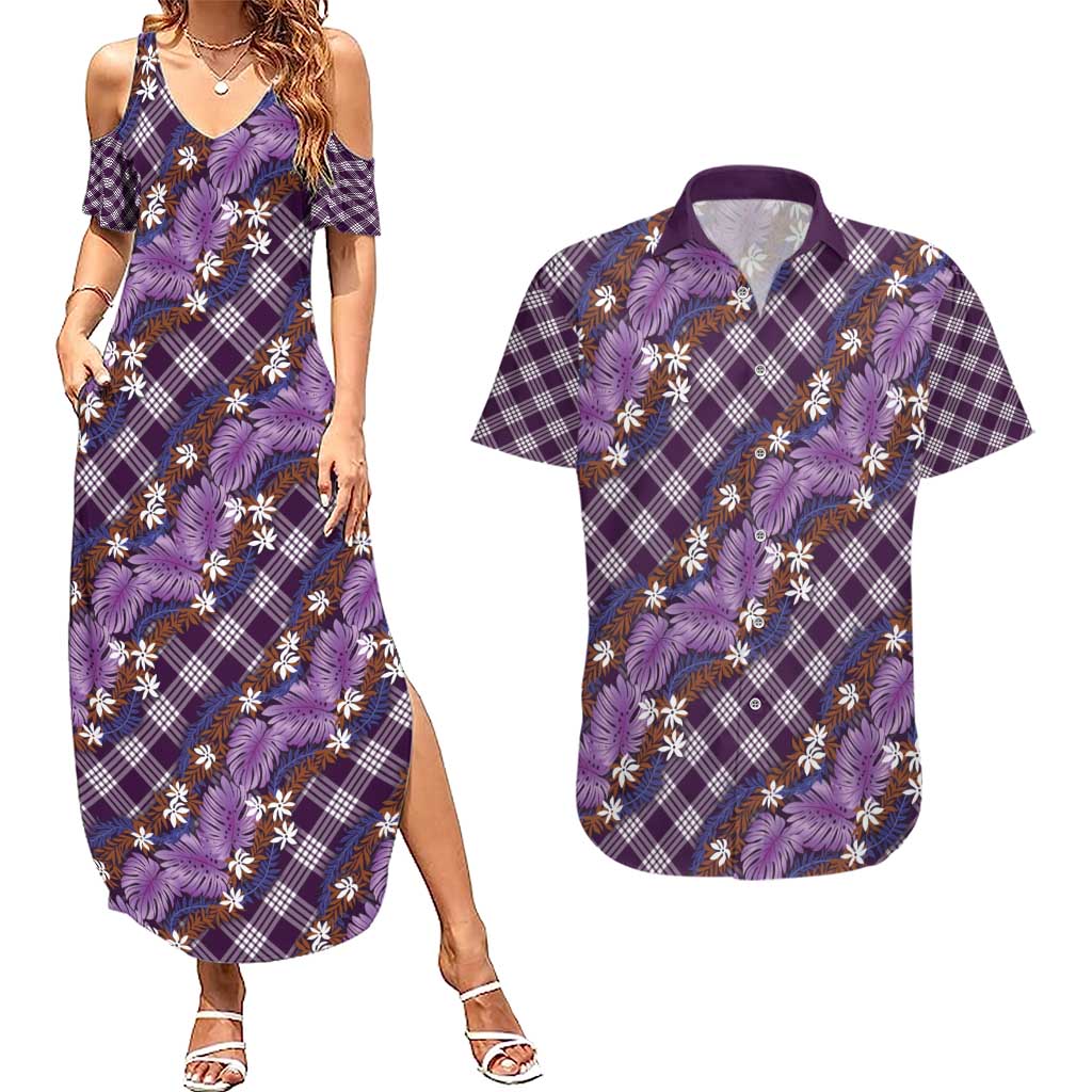 Polynesian Monstera Tiare Floral Couples Matching Summer Maxi Dress and Hawaiian Shirt Lavender Tropical Plaid - Polynesian Pride