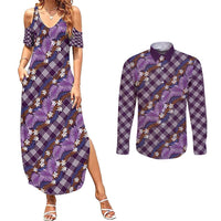 Polynesian Monstera Tiare Floral Couples Matching Summer Maxi Dress and Long Sleeve Button Shirt Lavender Tropical Plaid - Polynesian Pride