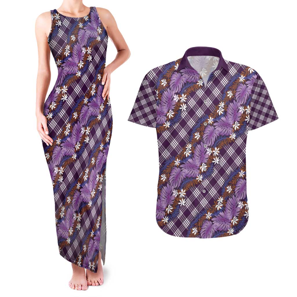 Polynesian Monstera Tiare Floral Couples Matching Tank Maxi Dress and Hawaiian Shirt Lavender Tropical Plaid - Polynesian Pride