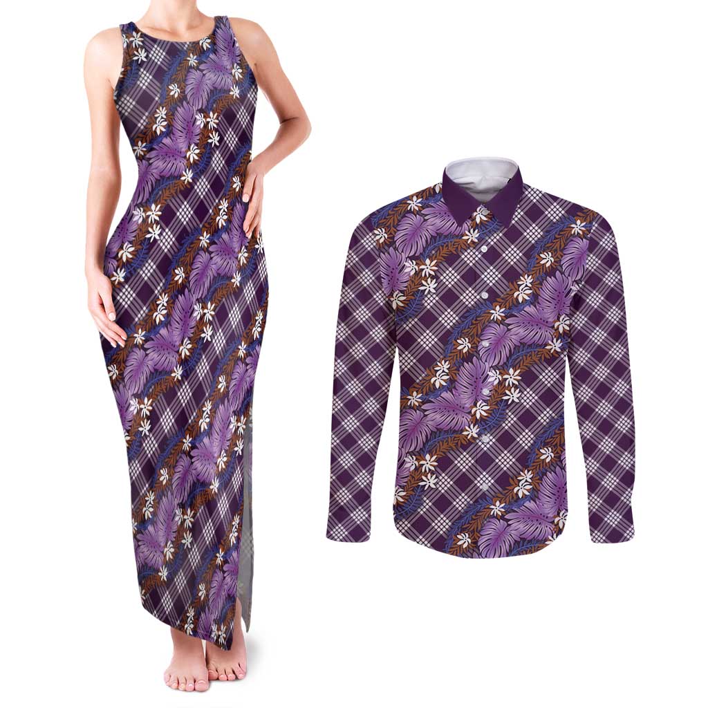 Polynesian Monstera Tiare Floral Couples Matching Tank Maxi Dress and Long Sleeve Button Shirt Lavender Tropical Plaid - Polynesian Pride