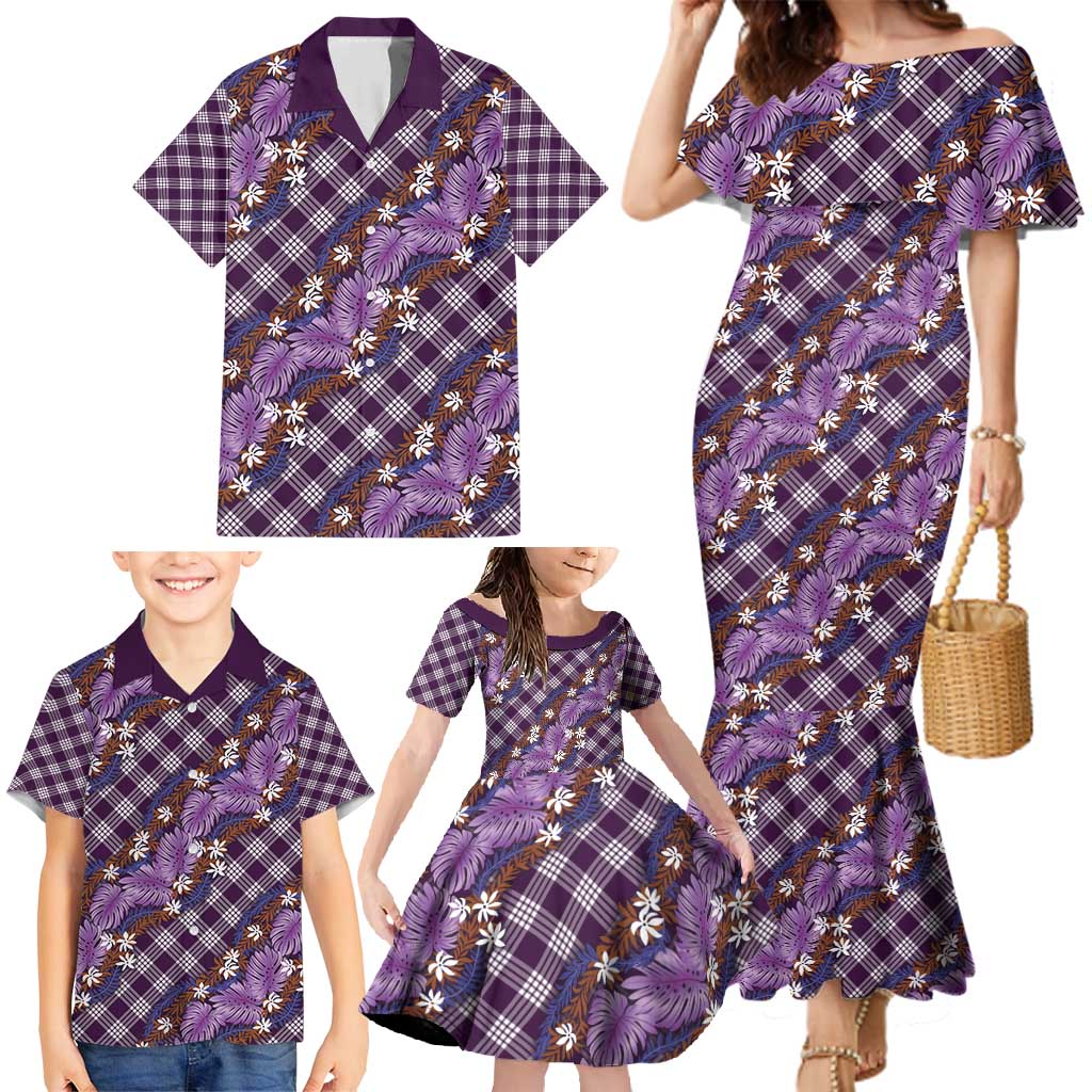 Polynesian Monstera Tiare Floral Family Matching Mermaid Dress and Hawaiian Shirt Lavender Tropical Plaid - Polynesian Pride