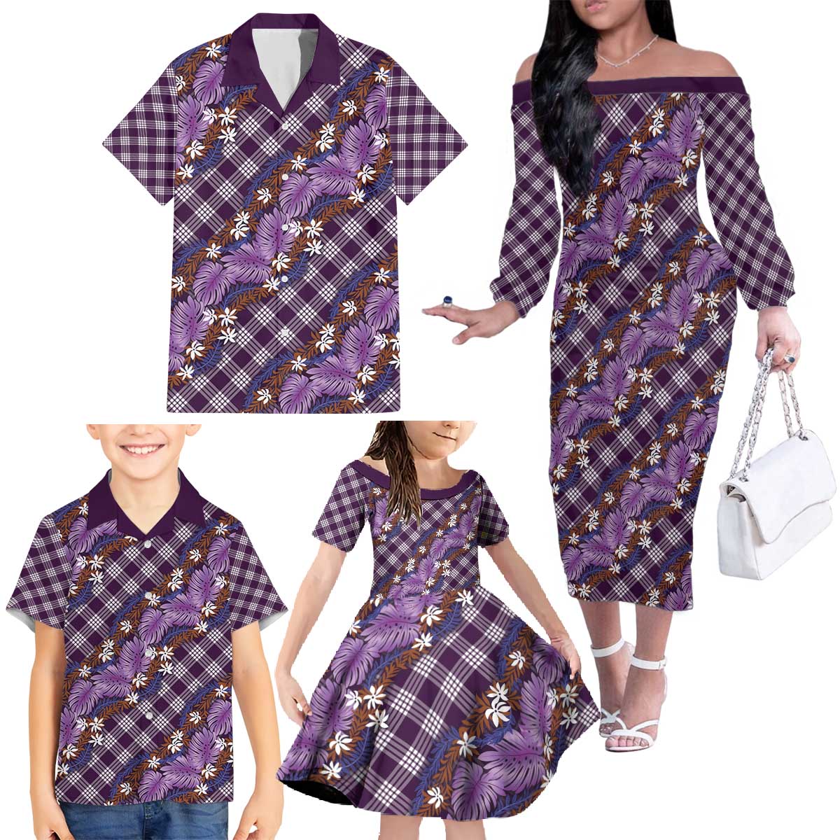 Polynesian Monstera Tiare Floral Family Matching Off The Shoulder Long Sleeve Dress and Hawaiian Shirt Lavender Tropical Plaid - Polynesian Pride