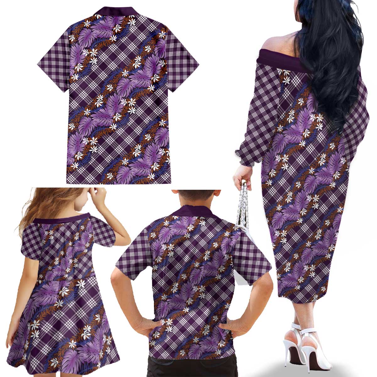 Polynesian Monstera Tiare Floral Family Matching Off The Shoulder Long Sleeve Dress and Hawaiian Shirt Lavender Tropical Plaid - Polynesian Pride