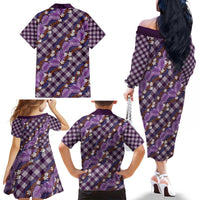Polynesian Monstera Tiare Floral Family Matching Off The Shoulder Long Sleeve Dress and Hawaiian Shirt Lavender Tropical Plaid - Polynesian Pride