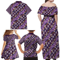 Polynesian Monstera Tiare Floral Family Matching Off Shoulder Maxi Dress and Hawaiian Shirt Lavender Tropical Plaid - Polynesian Pride