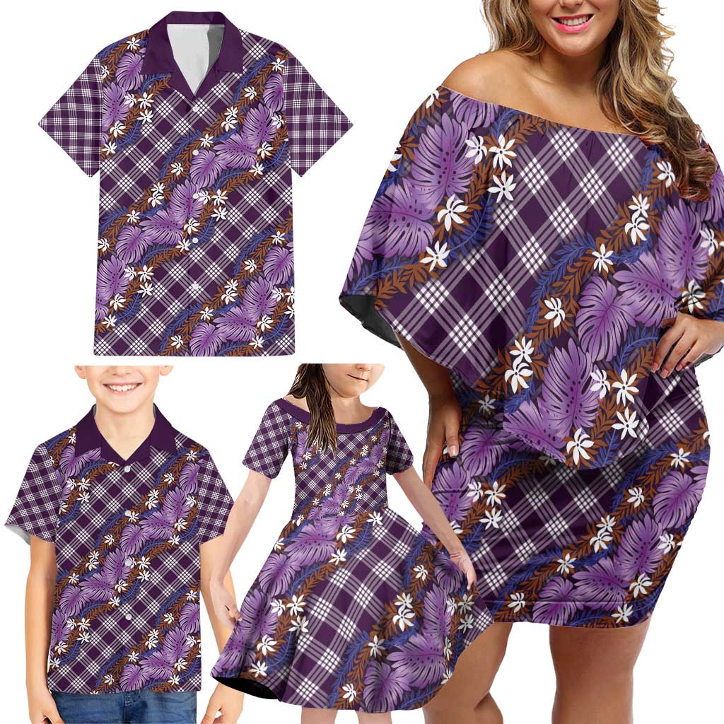 Polynesian Monstera Tiare Floral Family Matching Off Shoulder Short Dress and Hawaiian Shirt Lavender Tropical Plaid - Polynesian Pride
