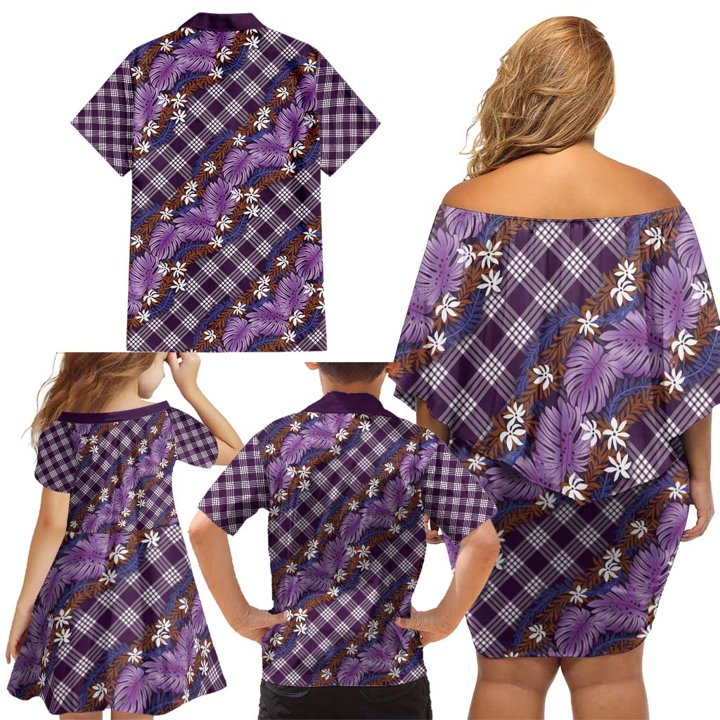 Polynesian Monstera Tiare Floral Family Matching Off Shoulder Short Dress and Hawaiian Shirt Lavender Tropical Plaid - Polynesian Pride