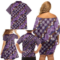 Polynesian Monstera Tiare Floral Family Matching Off Shoulder Short Dress and Hawaiian Shirt Lavender Tropical Plaid - Polynesian Pride