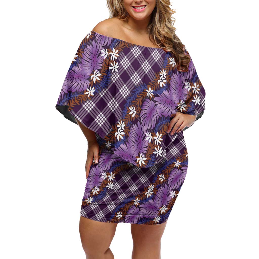 Polynesian Monstera Tiare Floral Family Matching Off Shoulder Short Dress and Hawaiian Shirt Lavender Tropical Plaid - Polynesian Pride