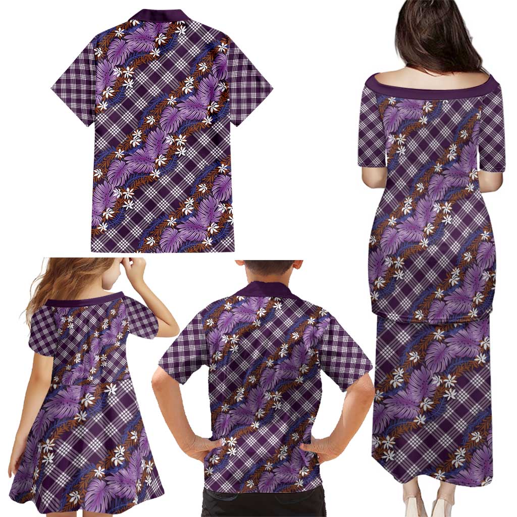 Polynesian Monstera Tiare Floral Family Matching Puletasi and Hawaiian Shirt Lavender Tropical Plaid - Polynesian Pride